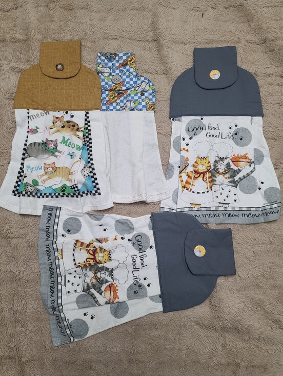 None Other - Lot 4 Handmade Cat Kitchen Hanging Dish Towels With Cute Buttons